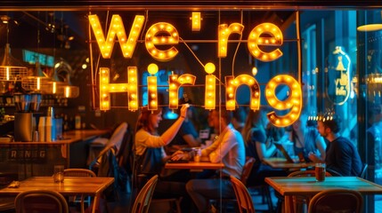 A were hiring sign displayed prominently in a restaurant window