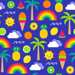 Cute colorful tropical fruit , palm tree, ice cream and rainbow seamless pattern for summer holidays background.