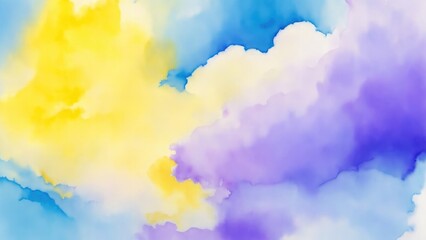 Fototapeta premium Yellow blue and purple watercolor background abstract puffy clouds in bright colors