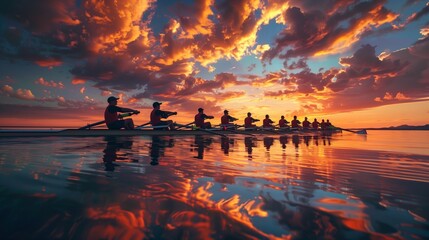 Skilled rowers sync strokes perfectly beneath a dramatic sunset, creating a harmonious rhythm.