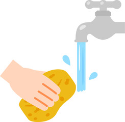 蛇口から流れる水とスポンジを持った手