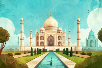Naklejka premium Taj Mahal Emblematic Indian mausoleum, handdrawn illustration, dreamy background 