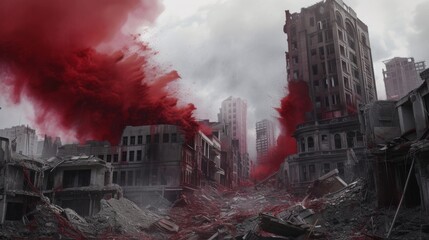 Obraz premium A surreal post-apocalyptic scenario with dense red mist engulfing a cityscape filled with ruins and scattered debris.