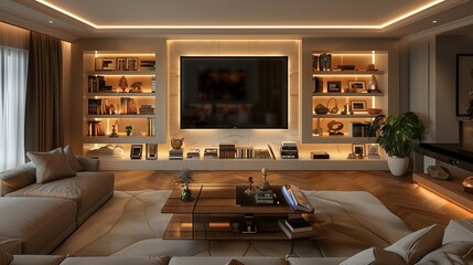 A luxurious living room with a custom-built media wall