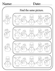 Snowman Puzzle. Printable Activity Page for Kids. Educational Resources for School for Kids. Kids Activity Worksheet. Find Similar Shape