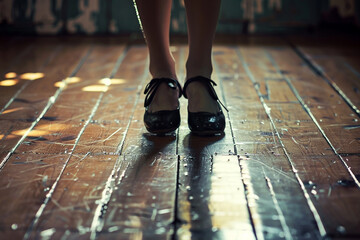 Tap Dancing, Tap dancer with classic black shoes on a vintage wooden floor  - Powered by Adobe