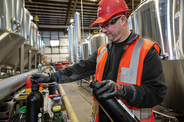 Worker handling chemical solutions in industrial setting, adhering to safety protocols.