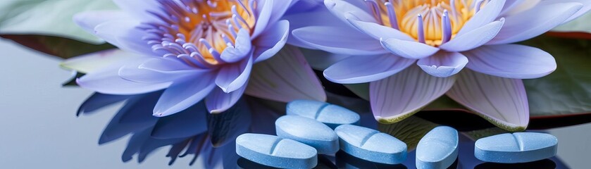 Sleep Aid Tablets and Blue Lotus Flowers Sleep aid tablets beside blue lotus flowers, symbolizing peaceful sleep and natural remedies