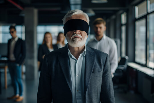Gesch&auml;ftsmann mit verbundenen Augen steht im B&uuml;ro 