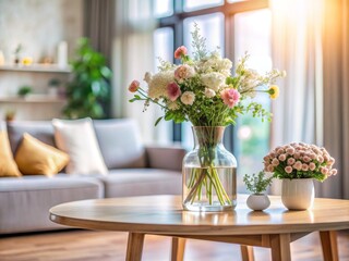 A vase of flowers on the table in the modern living room.