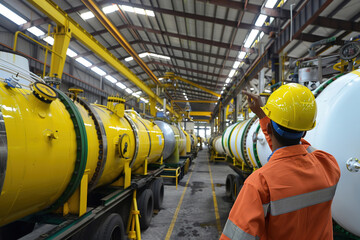 Engineer inspecting chemical tanks in factory, strict quality standards.