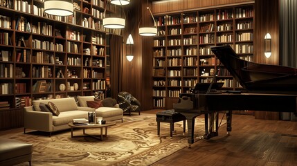 A luxurious living room with a grand piano