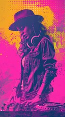 Fototapeta premium A woman in a hat spins tracks on a turntable, creating musical magic
