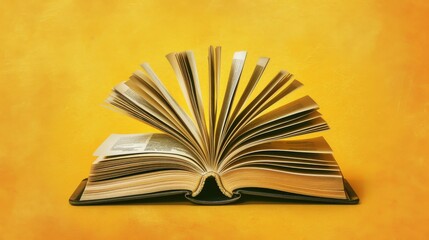 A wide open book lies flat on a yellow surface, highlighting its detailed text and the concept of open knowledge.