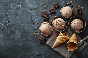 Tasty ice cream scoops, chocolate crumbs and waffle cones on dark textured table 