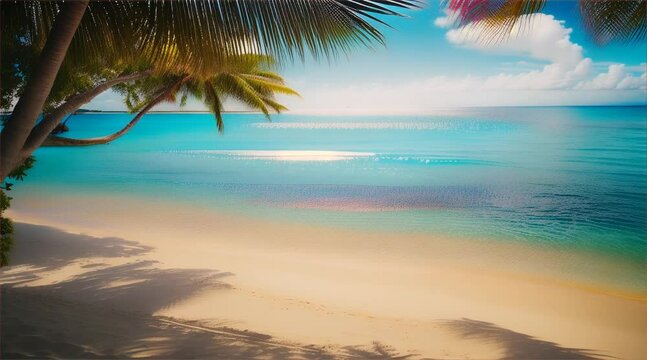 Coastal Paradise: A serene beachscape with palm trees, coconut trees, and turquoise waters under a sunny sky