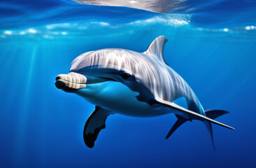 Obraz premium A dolphin swims underwater.