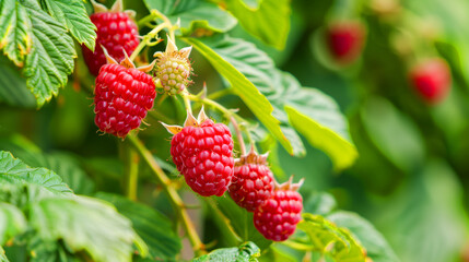 A bunch of red raspberries hanging from a tree. The raspberries are ripe and ready to be picked. Ripe raspberry raspberry fruit plant