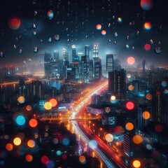 Obraz premium Rainy Night City: View from Behind the Window