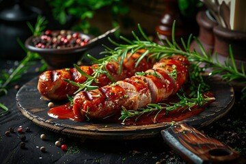 a plate of food with a couple of sausages and herbs