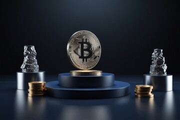 3d podium with bit coins, Financial Market, crypto concept.