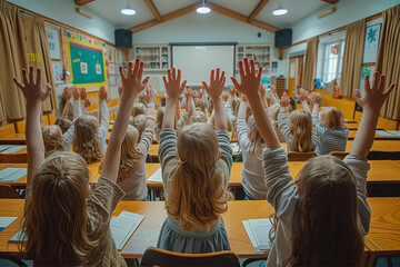 Pupils raising their hands during class at the elementary school - Powered by Adobe