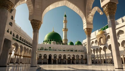 Generate an image depicting the beautiful Masjid Nabvi in Madina city. Highlight the architectural details, serene atmosphere, and the historical significance of this sacred mosque. Create a visually 