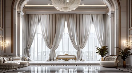 Royal white velvet curtains cascading elegantly in a luxurious room.