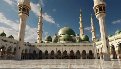 Fototapeta premium Generate an image depicting the beautiful Masjid Nabvi in Madina city. Highlight the architectural details, serene atmosphere, and the historical significance of this sacred mosque. Create a visually 