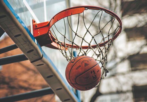 A basketball goes through the hoop and makes a swish sound as it passes cleanly through the net.