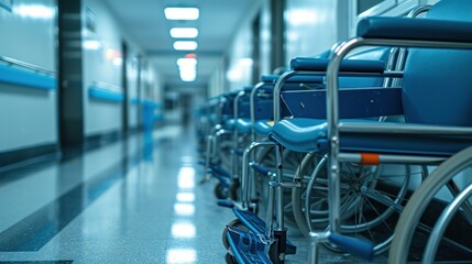 Obraz premium Empty wheelchair in hospital parking at corridor near a row of chairs for patient