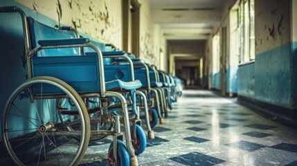 Obraz premium Empty wheelchair in hospital parking at corridor near a row of chairs for patient