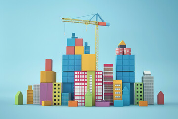 Obraz premium Teamwork,building success concept Colorful Block tower Set building infographic tower crane and building color block Infographic template building business Illustration in modern colors 