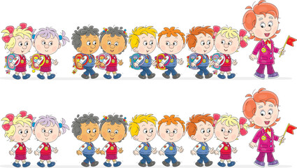 Happy school teacher and funny little schoolboys and schoolgirls with and without their schoolbags walking down a street, vector cartoon illustration isolated on a white background