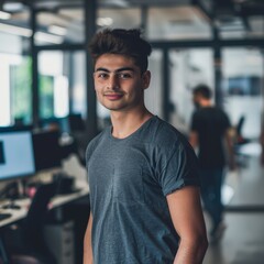 Obraz premium A young man in a relaxed t-shirt and jeans, standing in a startup office with computer screens and tech gadgets blurred in the background.