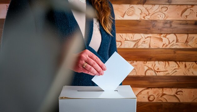 main d'une femme glissant un bulletin de vote dans une urne en ia