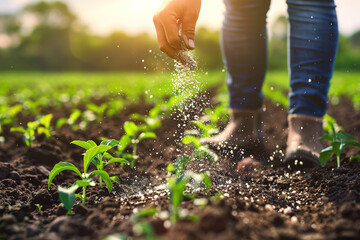 Farmer spreading fertilizer on lush green field, nurturing crops for bountiful harvest.