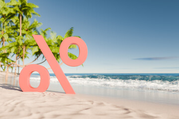 Percentage symbol on a tropical beach with palm trees and Copy Space