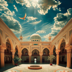 Beautiful Oriental Arabian style palace inside. Decorated with columns and arches. Sun sky clouds background.