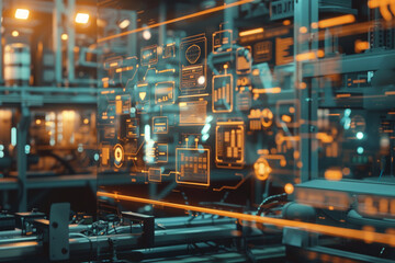 Fototapeta premium Technology industrial business process workflow organisation structure on virtual screen, IOT smart industry concept mixed media diagram, touch transparent screen technology 