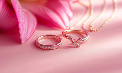 Elegant Jewelry on Pink Background with Rings and Necklaces Highlighting Luxury and Romance for Fashion Concepts