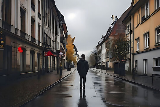 An individual feeling depression stuck in an urban environment on a cloudy day, homesick for Mannheim, Germany. The scene captures the melancholy and longing amidst the gloomy cityscape