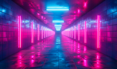 Fototapeta premium Futuristic Neon Tunnel with Blue and Red Lights, Abstract Technological Background, Sci-Fi Setting, Glowing Tiles, Cyberpunk Night Mood