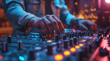 Deejay mixing music in the dj mixer. DJ Hands creating and regulating music on dj console mixer in concert nightclub stage