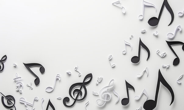 Creative Top View Paper Cut Music Notes Pattern on White Background for Musical Design and Art Concepts