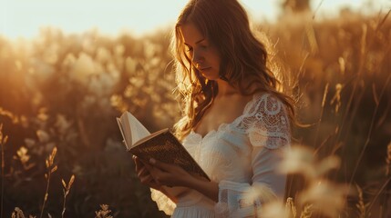 Portrait beautiful hipster woman in white dress reading book at morning sunrise in field.AI generate