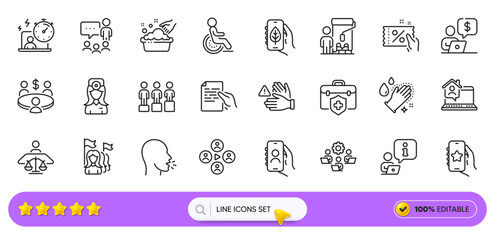 Favorite app, Washing hands and Discount coupon line icons for web app. Pack of Hold document, Meeting, Timer pictogram icons. Ecology app, Video conference, Interview signs. Disability. Vector