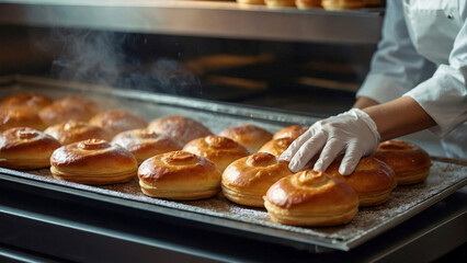 Freshly baked golden brown bread rolls on a baking sheet, with a warm glow from the oven in the background. A baker in an apron is gently placing the sheet on a stainless steel table