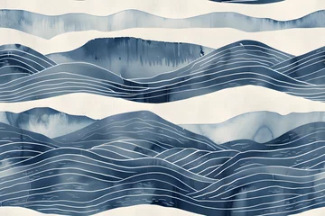 seamless abstract playful hand drawn fine line watercolor stripes rolling hills landscape pattern in indigo blue and white baby boy or nautical theme high resolution textile texture background AI
