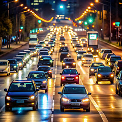 cars on the road in the city at night front view